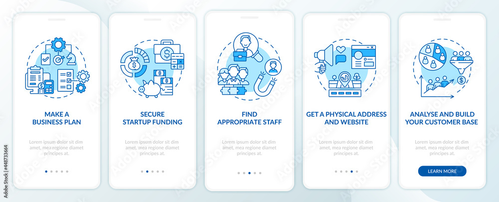 Poster startup launch steps blue onboarding mobile app page screen. starting business walkthrough 5 steps g