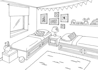 Children room graphic black white two bed home interior sketch illustration vector 