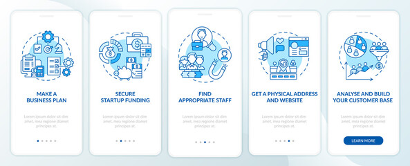 Startup launch steps blue onboarding mobile app page screen. Starting business walkthrough 5 steps graphic instructions with concepts. UI, UX, GUI vector template with linear color illustrations