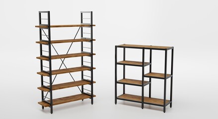Wooden shelfs with metal base in angle view. Blank racks in loft style for interior home or office, modern design. Mockup shelves for storage bookshelf isolated on white background, 3d illustration
