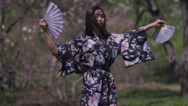 Confident Asian woman in kimono dancing with fans in sakura garden. Dance of graceful slim beautiful lady in sunny summer spring park outdoors. Nature and femininity concept