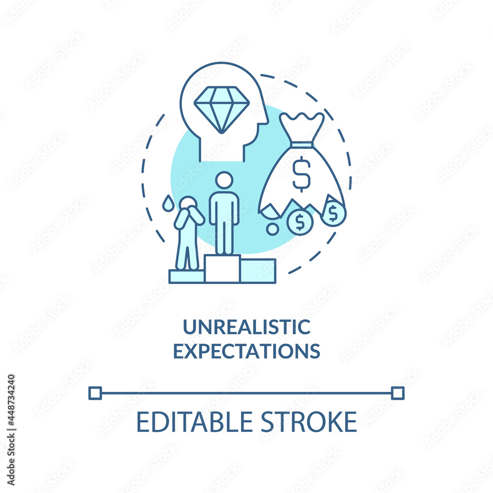 Poster unrealistic expectation blue concept icon. problem of starting company. startup launch challenges ab