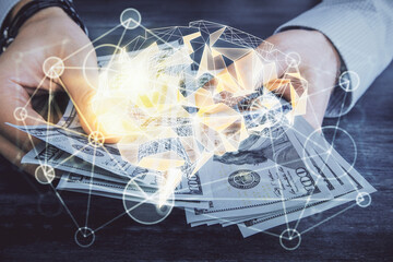 Multi exposure of brain drawing hologram and us dollars bills and man hands. Ai invest concept