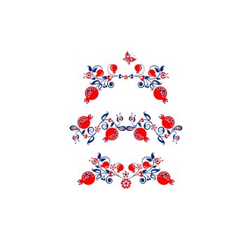 Floral ethnic ornamental headers with abstract pomegranate tree, fruit and flowers for book title, greeting card, wedding invitation, fashion embroidery and Nowruz celebration