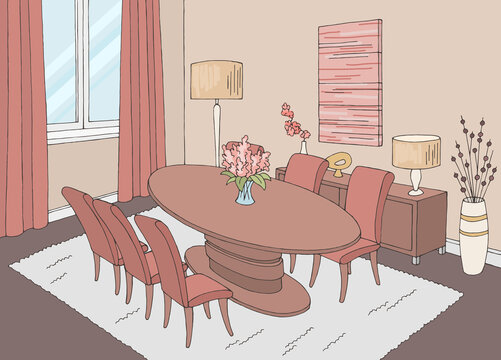 Dining room home interior graphic color sketch illustration vector 