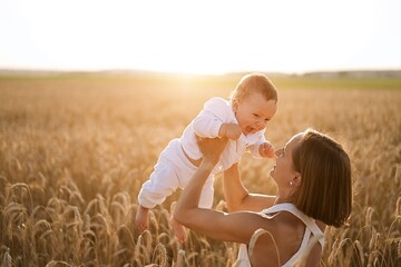 Portrait of happy mother and little son in a wheat field at sunset time