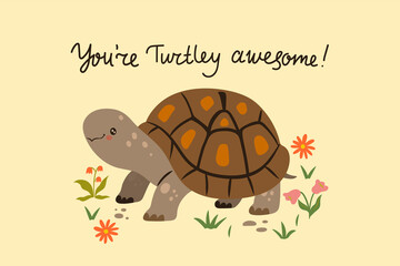 Postcard with a cute turtle. Vector graphics.
