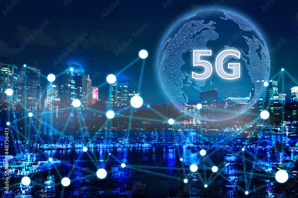 Poster 5g network wireless system. beautiful cityscape and network connection lines