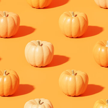 Pumpkins pattern on orange background for advertising on autumn holidays or sales, 3d render