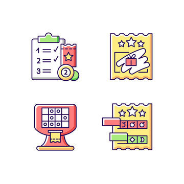Lottery conduction RGB color icons set. Lotto session program. Scratch cards. Electronic gambling machine. Paper-style game. Isolated vector illustrations. Simple filled line drawings collection