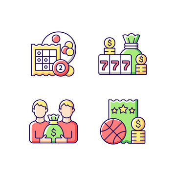 Participation in lottery RGB color icons set. Bingo game. Winning large cash reward. Pari mutuel prize. Sports betting. Isolated vector illustrations. Simple filled line drawings collection