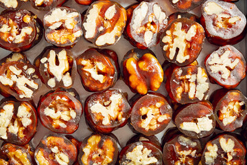 Sliced pieces of delicious churchkhela delight with walnut