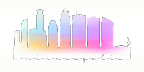 Minneapolis, MN, USA Skyline Watercolor City Illustration. Famous Buildings Silhouette Hand Drawn Doodle Art. Vector Landmark Sketch Drawing.