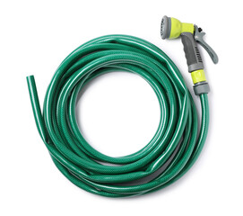 Green rubber watering hose with nozzle isolated on white, top view