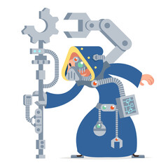 Sci-fi technology cybernetic scientist technician engineer game RPG character vector icon illustration