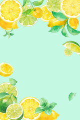 爽やかなシトラスとミントの水彩イラスト。レモンとライムの縦フレームデザイン。