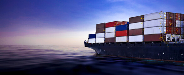 Container ship on the calm ocean with purple sky background and copy space. Container shipping,...