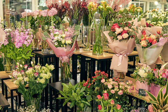 Fresh bouquet of colorful mixed flowers. European floral shop concept. Flowers delivery