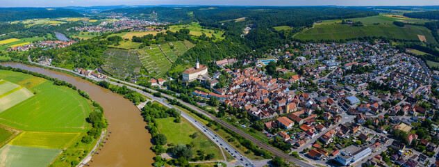 Aerial view around the city Gundelsheim and castle Horneck in Germany. On a sunny day in spring