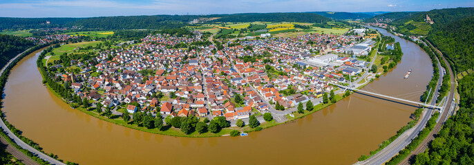 Aerial view around the city Haßmersheim in Germany. On sunny day in spring 
