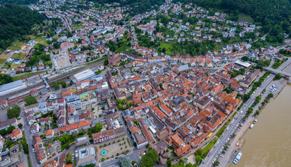 Aerial view around the city Eberbach in Germany. On sunny day in spring 