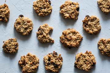 Fresh homemade cookies on grey background.Healthy food concept.