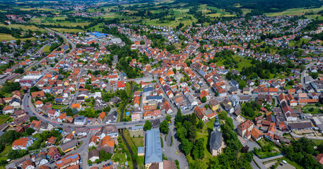 Aerial view of the city Rimbach in hesse, Germany on a sunny spring day.