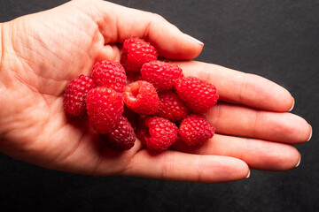 Fresh red raspberries on the palm of your hand. 