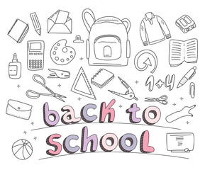 Stationery set in doodle style.Back to school concept with different size diary,open and closed notebook,office supplies.Line art scissors,pencils and lettering.Student tools for drawing,education