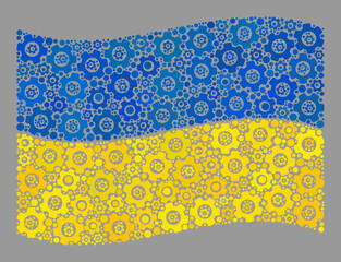 Mosaic waving Ukraine flag created with repair items. Vector gear mosaic waving Ukraine flag designed for control purposes. Ukraine flag collage is made with randomized wheel items.