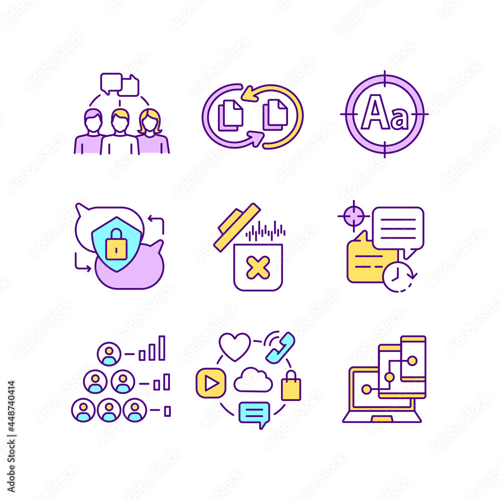 Poster messaging software rgb color icons set. group chat. file sharing. spell check. private texting. cros