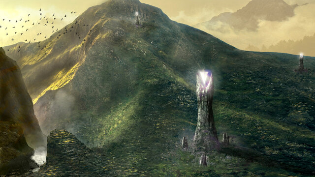 A mountain  scenary with three towers with glowing, magical looking, crystals on top