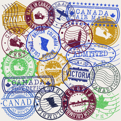 Victoria, BC, Canada Set of Stamps. Travel Stamp. Made In Product. Design Seals Old Style Insignia.