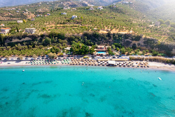 Aerial view of the beautiful Santova beach with clear, turquoise sea, Mani area, Peloponnese, Greece