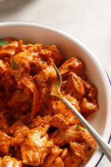 Close up chicken paprikash dish with paprika onion bulgarian paper on plate on light table for dinner