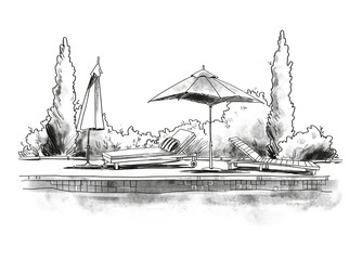 By the pool. Black and white quirky sketch of sunbeds by the pool