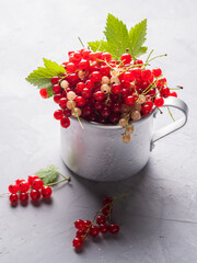 Freshly picked ripe berries of redcurrant close-up in a mug on grey background. Healthy eating concept.

