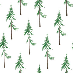 Forest pine trees watercolor seamless pattern. Template for decorating designs and illustrations.