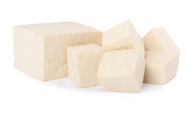 Different raw tofu pieces on white background
