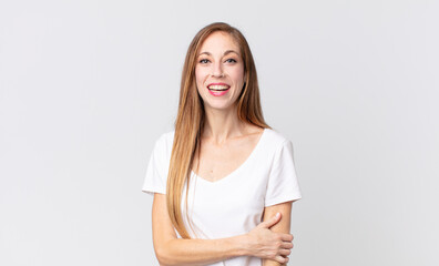 pretty thin woman laughing shyly and cheerfully, with a friendly and positive but insecure attitude