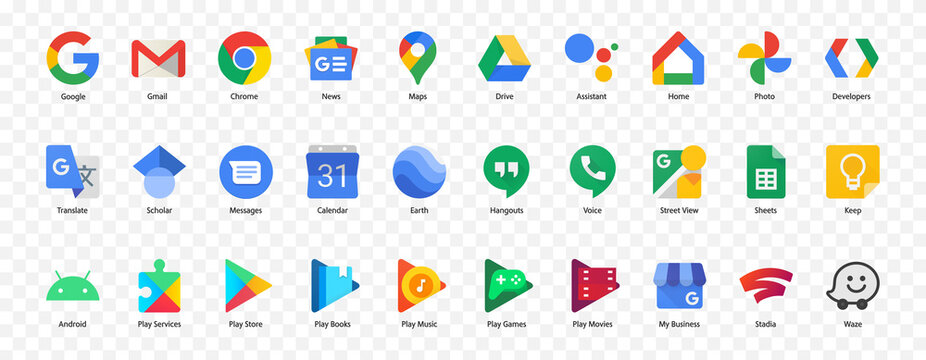 Google app icons set. Isolated Google Logos vector. Products logo collection: Chrome, Gmail, Maps, Drive, Android, Play Store, Translate, Waze, Earth, Stadia, Sheets… Isolated editorial illustration.