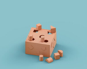 Isometric flat orange color shape jigsaw box toy in single color  turquoise background, 3d Rendering