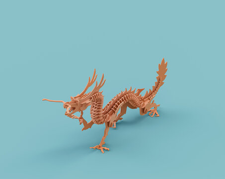 Isometric flat orange color wooden dragon toy in single color  turquoise background, 3d Rendering