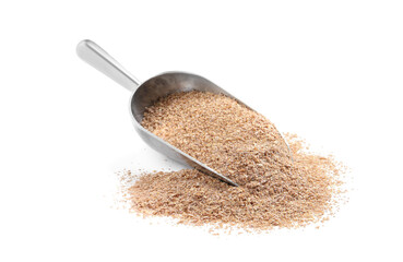 Metal scoop with wheat bran on white background