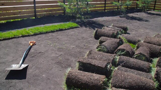 Yard and garden landscaping concept. Lawn rolls lie on the ground ready to be laid