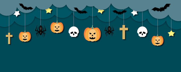 Happy halloween on darkness background, Halloween holiday party concept, paper cut design style.