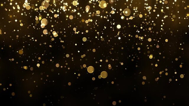 Background with falling gold glitter particles. Rain of golden confetti with magic light, glamour. Beautiful animated christmas background. Seamless loop