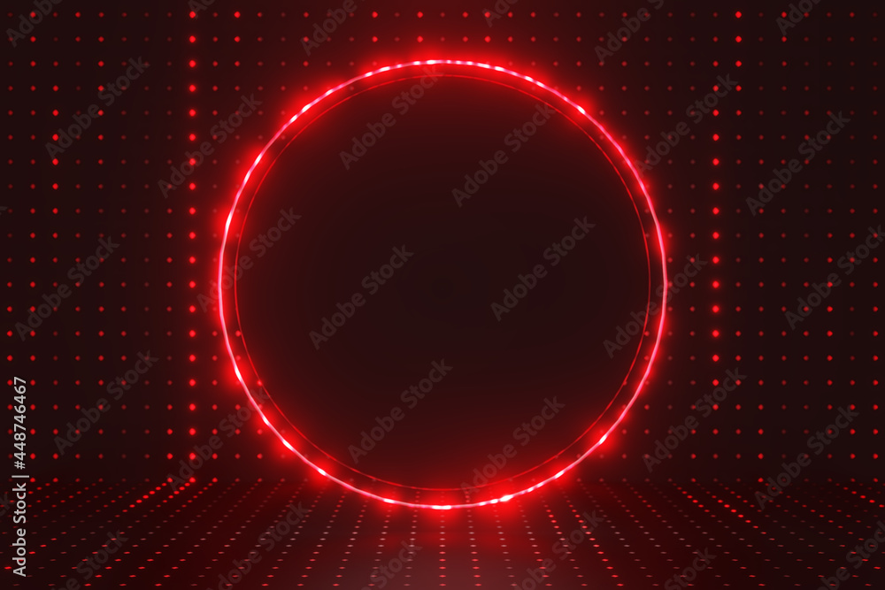 Poster 3d rendering dark future background. black circle with red light glow and dot pattern lighting. show