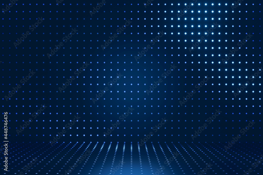 Poster 3d rendering dark future background. blue light glow and dot pattern lighting. showcase for products