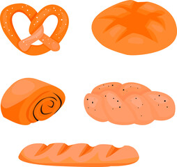 Bread flat icon set. Simple whole grain and wheat loaf bread, pretzel, croissant, french baguette. Organic baked goods, shop food, design menu bakery pastry. Vintage vector illustration